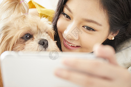 智能手机脸部韩国人女人宠物的生活方图片