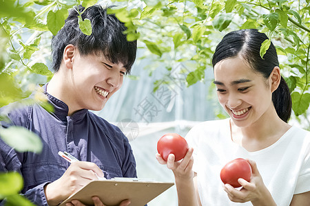 温室栽培笑脸番茄男人和女人耕种房子耕种图片