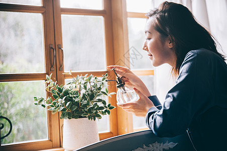 给植物浇水的居家女性图片