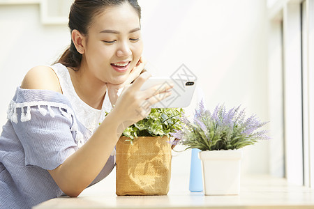 阳台给花拍照的女孩图片