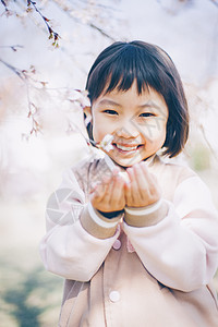 公园里观赏樱花的小女孩图片