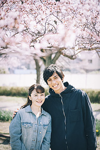 观赏樱花的幸福夫妻图片