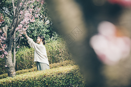 触碰盛开清澈春天的女人肖像图片