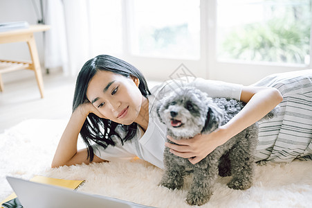 室内养着宠物的女人看电脑图片