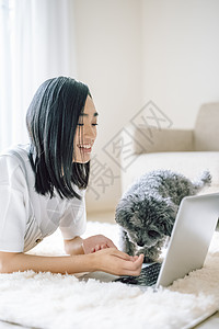 室内养着宠物的女人看电脑图片