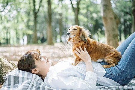 公园里带着宠物狗的女人图片