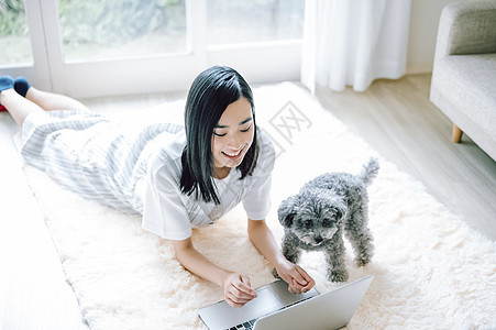 房间养着可爱宠物狗的女人用电脑图片