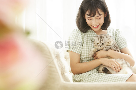 年轻女孩抱着宠物猫猫图片