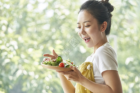 蔬菜色拉早晨女人生活用餐背景