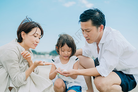 二十几岁旅行者坐着享受海水浴的家庭图片