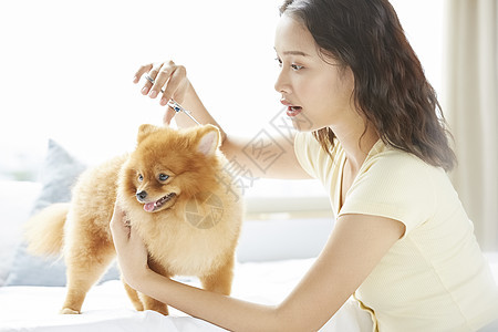 惊喜青年租约和小狗一起生活的年轻女子图片