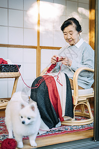 坐在椅子上织毛衣的老年女性图片