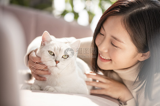 假期上半身一只猫和猫一起生活的年轻女子图片