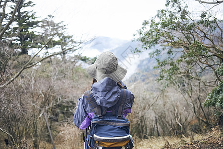 年轻美女户外爬山背影图片