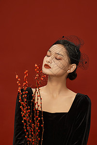 红色与素材复古美妆女性与梅花背景
