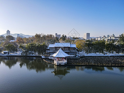 旅游季航拍山东济南大明湖5A景区雪景背景