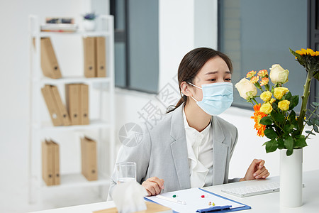 春季戴口罩职场商务女性戴口罩预防花粉过敏背景