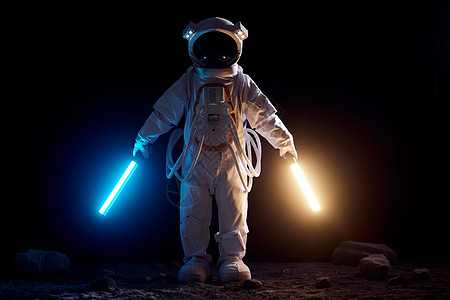 月球灯宇航员手拿发光的灯棒站在月球上背景
