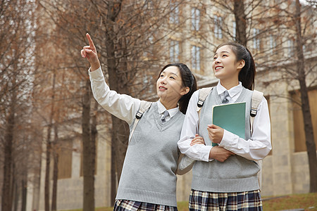 抱着书本指向远方美女学生图片