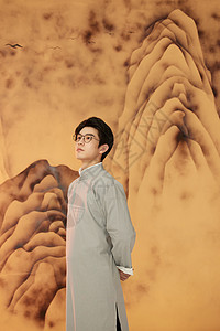 国潮新风尚海报山水画背景穿马褂的男青年背景