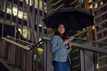 雨天城市夜晚使用手机的商务女性图片
