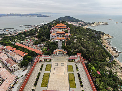 福建湄洲岛航拍福建莆田湄洲岛5A景区妈祖庙背景