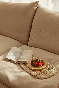 沙发上的草莓和书本图片