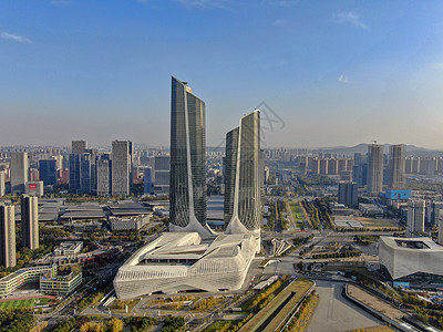 航拍南京河西双塔地标建筑背景图片