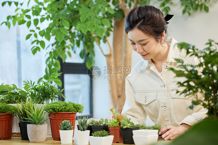 居家种植植物的女性图片