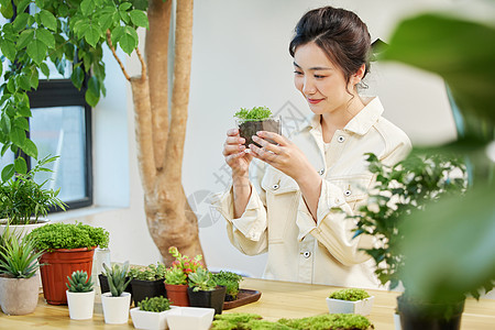 观察盆栽植物的女性图片