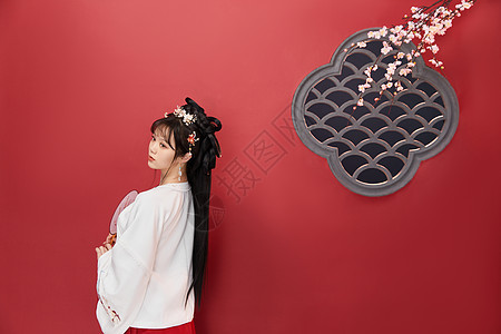 传统梅花背景下的古装汉服美女图片