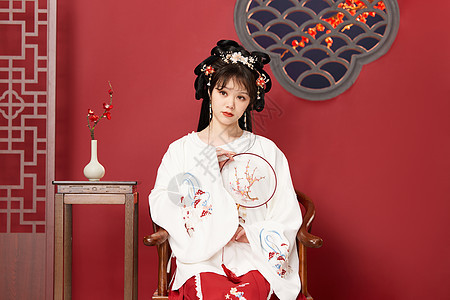 中国风传统文化古装美女手拿圆扇图片