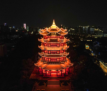 航拍夜景湖北武汉黄鹤楼夜景灯光航拍背景