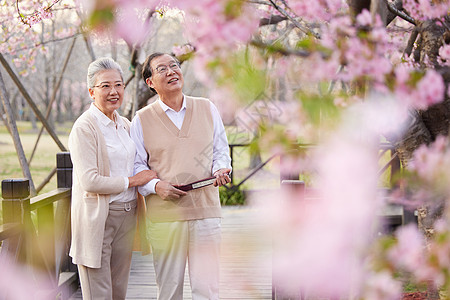 老人夫妻老年夫妻一起在公园赏花背景