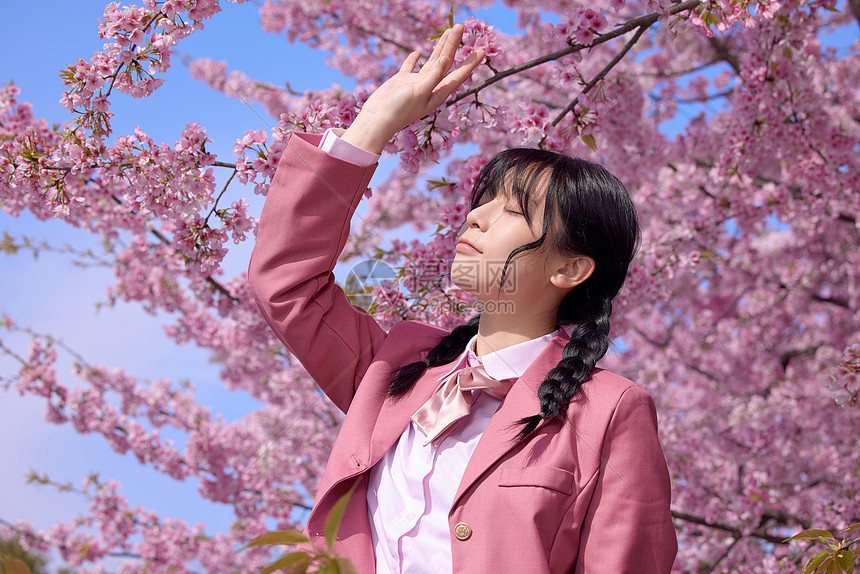 美女大学生逛游公园赏樱花图片