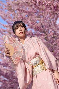 手拿折扇的和服美女赏樱花图片