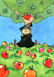 艾萨克牛顿坐在苹果树下图片素材