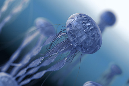 三维建模水母与蓝色海底背景图片