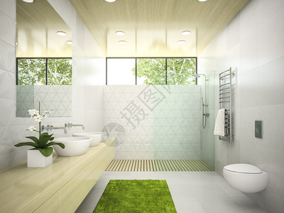 室内的浴室配有木制天花板3d渲染5图片