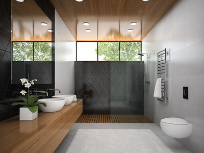 室内的浴室配有木制天花板3d渲染6图片