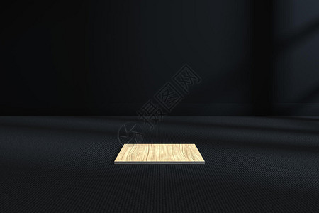 黑暗房间内的木制方块展台三维渲染图片
