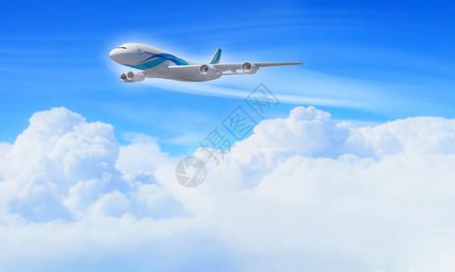 在蓝色的天空中白色的客运飞机图片