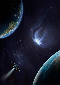 通过两个星球的飞船飞在蓝色和紫色的太空场景图片