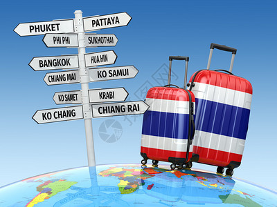 旅游概念手提箱和路标在泰国访问什么图片