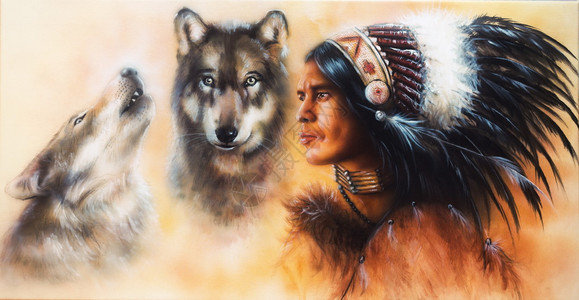美丽的喷画的年轻的印第安武士伴随着两只狼图片