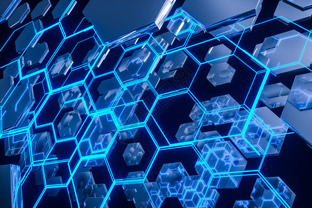 蓝色交错的发光线条与六边形结构三维渲染背景图片