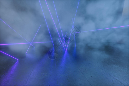 浓雾房间内的发光线条三维渲染图片