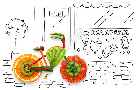 素食主义者乘坐创新食品概念照片的一辆自行车由水果和蔬菜停泊在粗略的城市背景图片