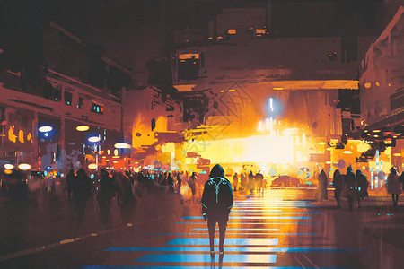 男子站在街头看着未来的城市在晚上图片