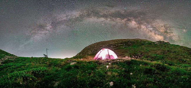 太白山银河拱桥与露营帐篷背景图片